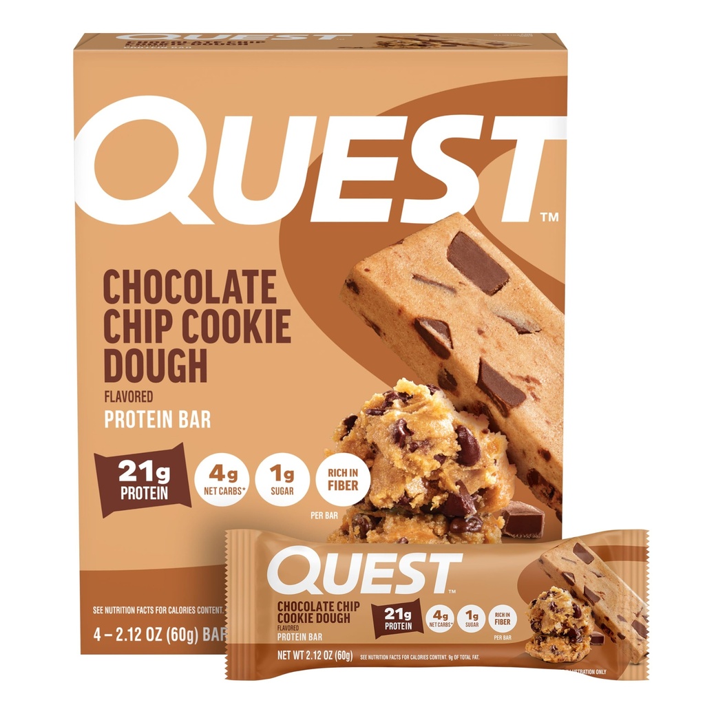 Quest Nutrition Chocolate Chip Cookie Dough Protein Bars, 21g proteiinia, 4, Net Carbs, 1g sokeria, korkea kuitu, Gluteeniton, Keto Friendly, 4 kreivi