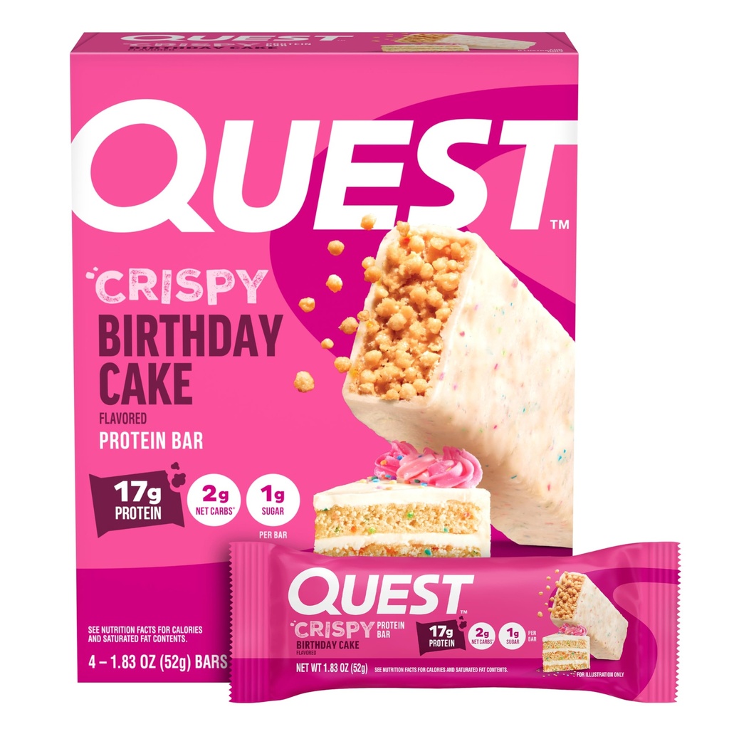 Quest Nutrition Crispy Syntymäpäiväkakku proteiinipatukka, 17g proteiinia, 1g sokeria, 2g nettokarbeja, gluteeniton proteiinipala, Keto Friendly, 4 kreivi