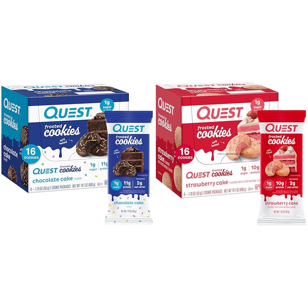 Quest Nutrition Frosted Cookies Twin Pack Bundle, suklaakakku 1g Sokeri 11g Proteiini 2g Net Karbs ja mansikkakakku 1g Sokeri 10g Proteiinia 2g Net Carbs, Gluteeniton, 16 Evästeet Jokainen