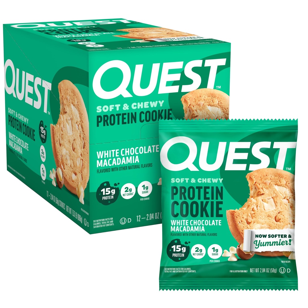Quest Nutrition White Chocolate Macadamia Protein Cookie, 15g proteiinia, 1g sokeria, 2g Net karbs, Keto Friendly, korkea proteiini, alhainen karb; 12 kreivi