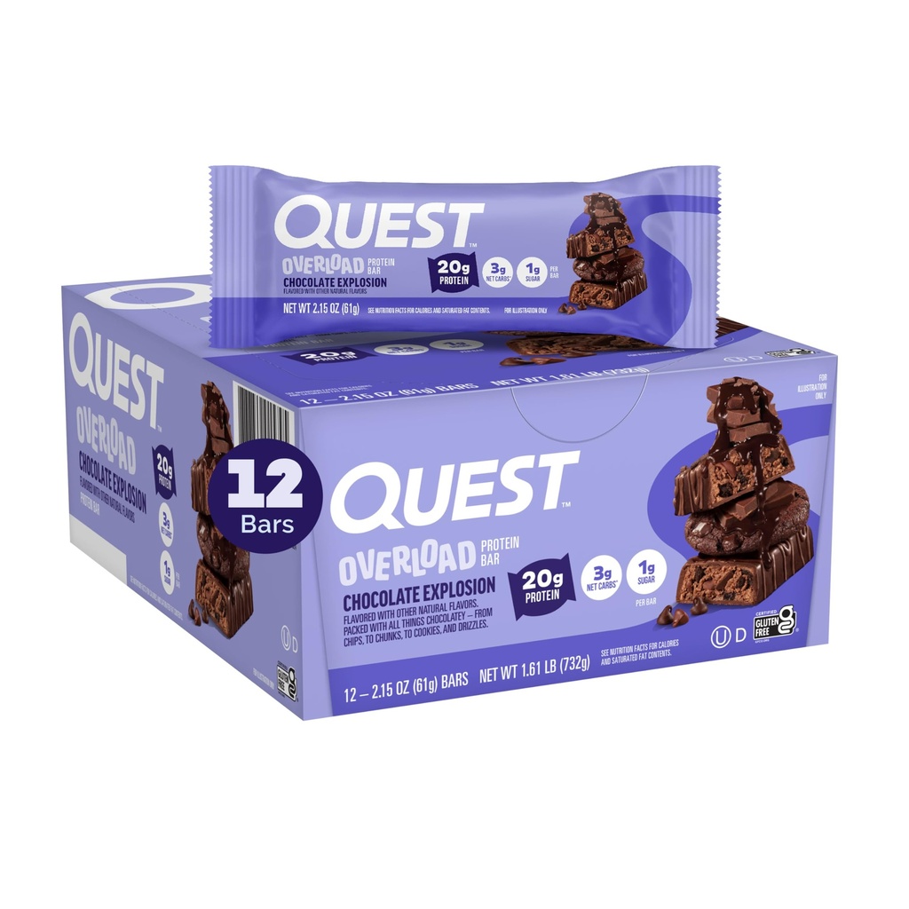 Quest Nutrition Overload Protein Bars, Suklaaräjähdys, 20g Proteiinia, 1g sokeria, 3g Net Carbs, Gluteeniton, 12