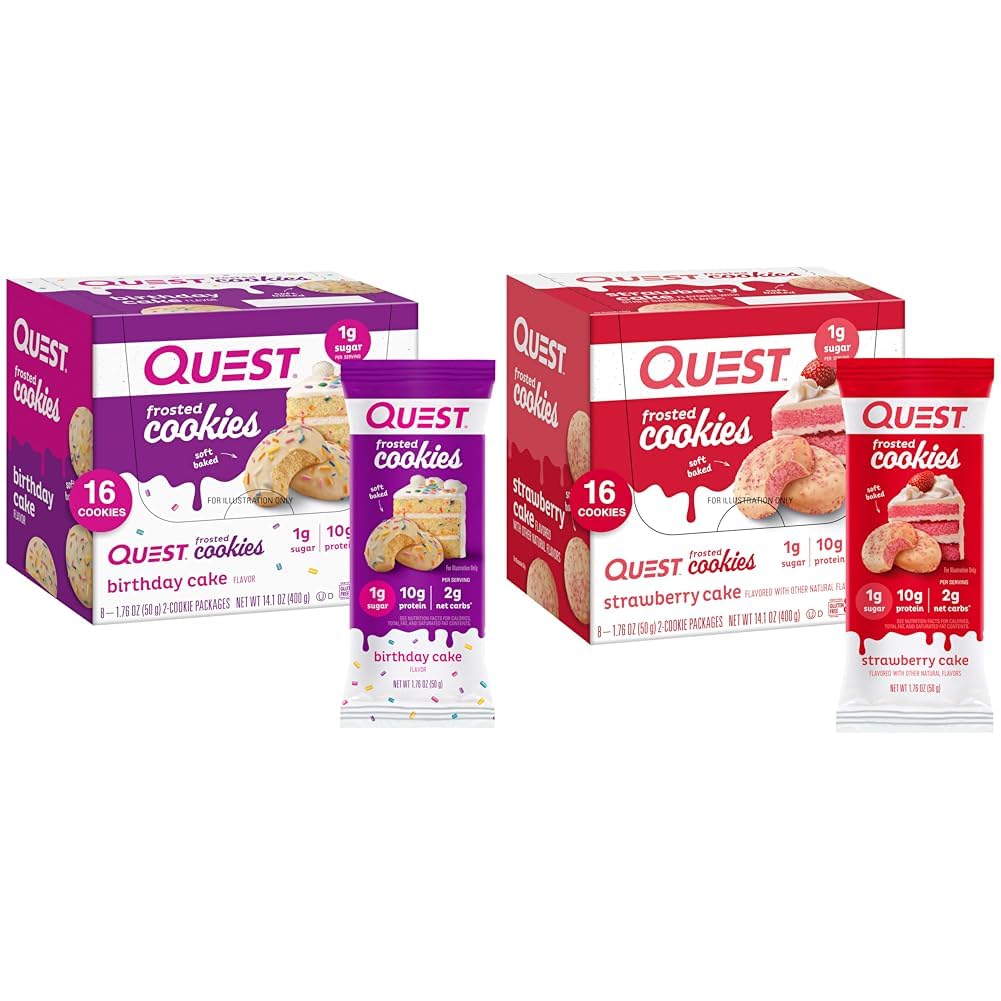 Quest Frosted Evästeet Twin Pack syntymäpäiväkakku 1g Sokeri 10g Proteiinia 2g Net Carbs Gluteeniton 8 Kreivi ja mansikkakakku 1g Sokeri 10g Proteiinia 2g Net Carbs Gluteeniton 16 evästeitä