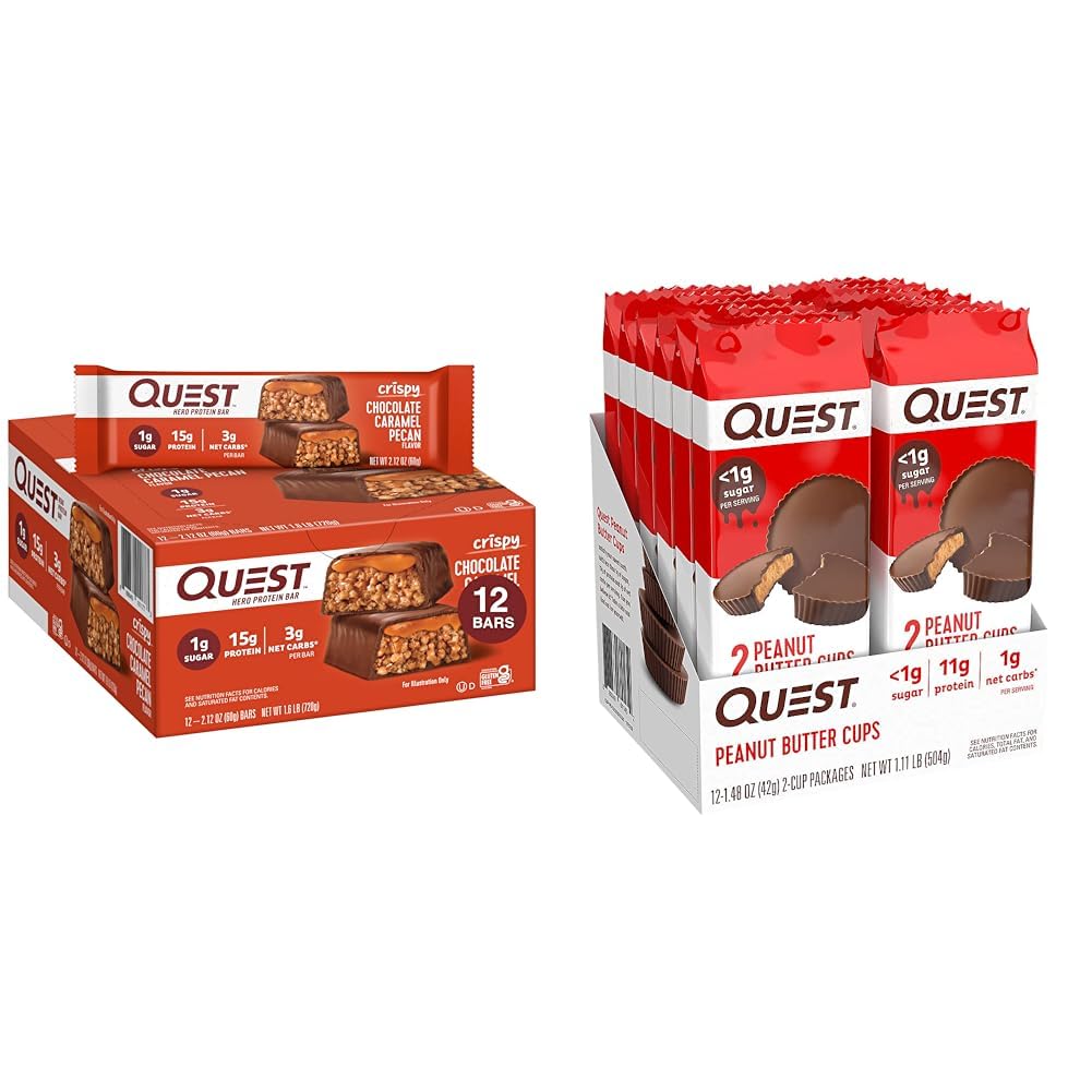 Quest Nutrition Crispy Chocolate Caramel Pecan Hero Protein Bar, 15g Protein, 1g Sugar & High Protein Low Carb, Gluteeniton, Keto Friendly, Maapähkinävoi Cups, 12 kreivi