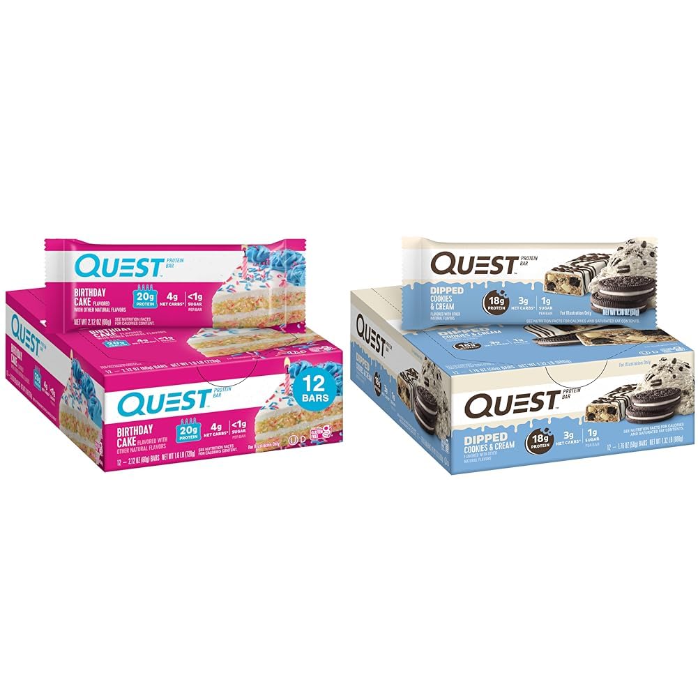 Quest Syntymäpäiväkakku & Cookies & Cream Dipped proteiinipatukat, korkea proteiini, gluteeniton, Keto Friendly, 12 kreivi