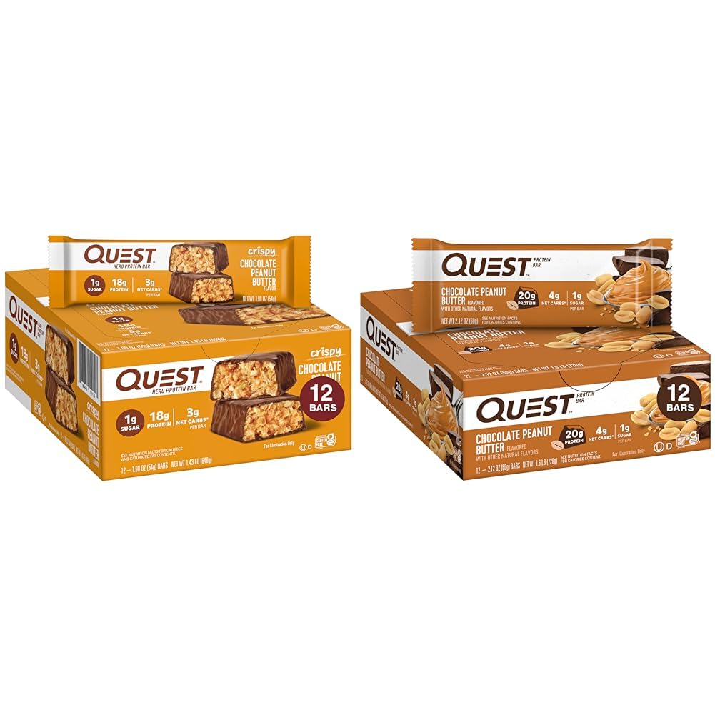 Quest Nutrition Crispy Chocolate Peanut Butter Hero Protein Bar, 18g Protein & Chocolate Peanut Butter Bars, High Protein, Low Carb, Gluteeniton, Keto Friendly, 12