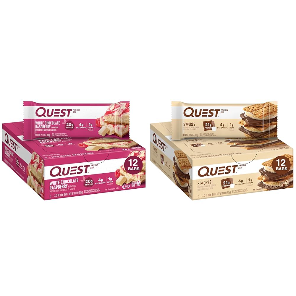 Quest Nutrition White Chocolate Raspberry Protein Bars, High Protein, Low Carb, Gluteeniton, Keto Friendly, 12 Count & S'mores Protein Bar, High Protein, Low Carb, Gluteeniton, Keto Friendly, 12