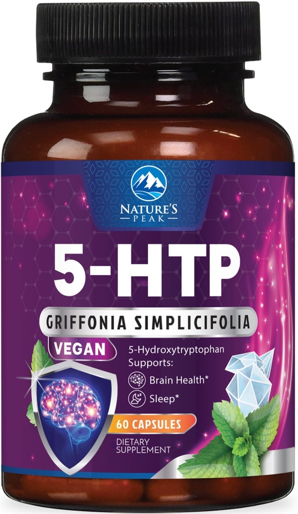 5-HTP täydennysosa - 5-HTP 200mg Per Serving - Extra Strength 5HTP (5-hydroksitryptofaani) Griffonia Simplicifolia - Tukee levollista unta, Natural Calm & Brain Health - pullotettu USA - 60 kapselia