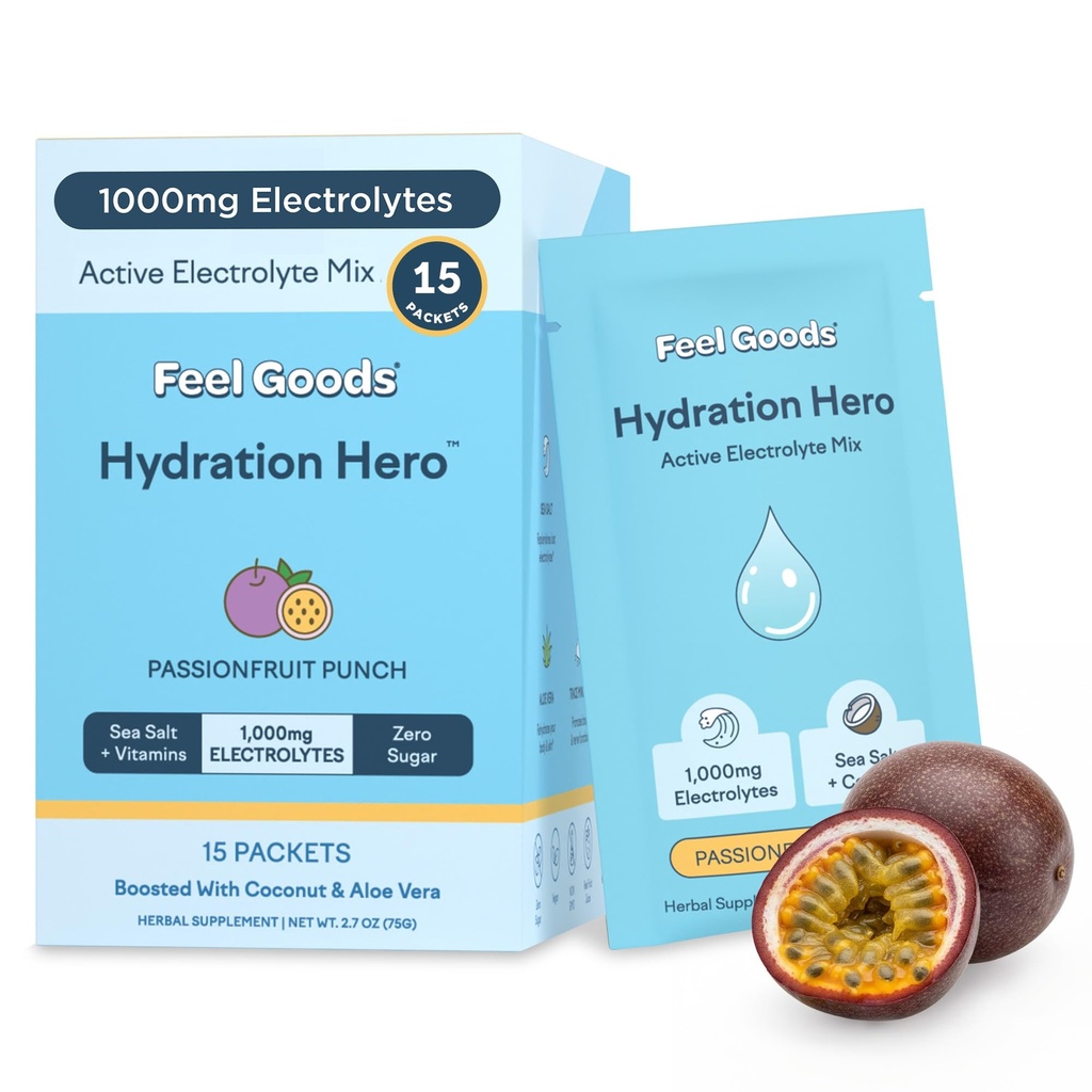Feel Goods Hydration Hero, 1000 mg Electrolytes Powder, Sugar Free, Magnesium, Organic Aloe Vera, L Theanine, C-vitamiini & B12, Keto, Vegan, Electrolyte Packets, Passion Fruit Punch, 15