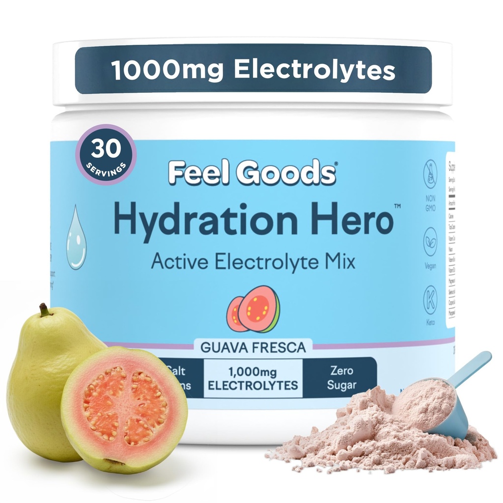Feel Goods Hydration Hero, 1000 mg Electrolytes Powder, Sugar Free, Magnesium, Organic Aloe Vera, Organic Aloe, L Theanine, C-vitamiini & B12, Keto, Vegan Guava Fresca, 30 tarjoilua