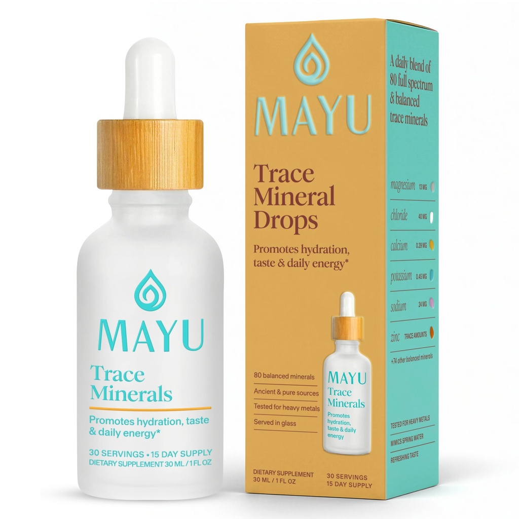 MAYU Trace Mineral Drops - 1 pullo - 80+ Täysspektrum Ionic Minerals for Water - Great-Masting Mineral Supplement for Hydration - Magnesium, Kalium & Sinkki - Ei lisäaineita - 30 tarjoilua