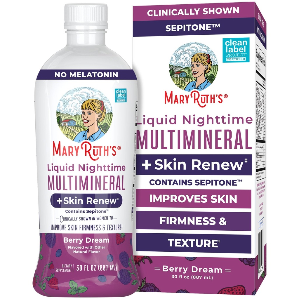 MaryRuth's Liquid Nighttime Liquid Multimineral + Skin Renew | Clinically Shown in Women to Reduce Fine Wrinkle & Improve Skin Firmness | Sepitone | NO Melatonin | Magnesium | Vegan | 30 portioner