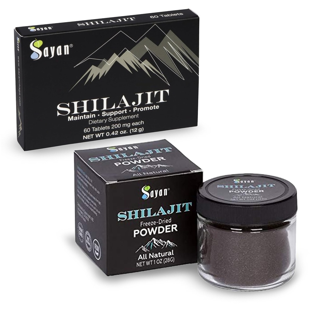 Sayan Shilajit Pure Organic Black Hartsi Trace Mineral Tablets & Pure Organic Shilajit Extract Freeze-Dry Powder Bundle - Immunosupport, Detox, Energy Boost (1 kuukauden toimitus)