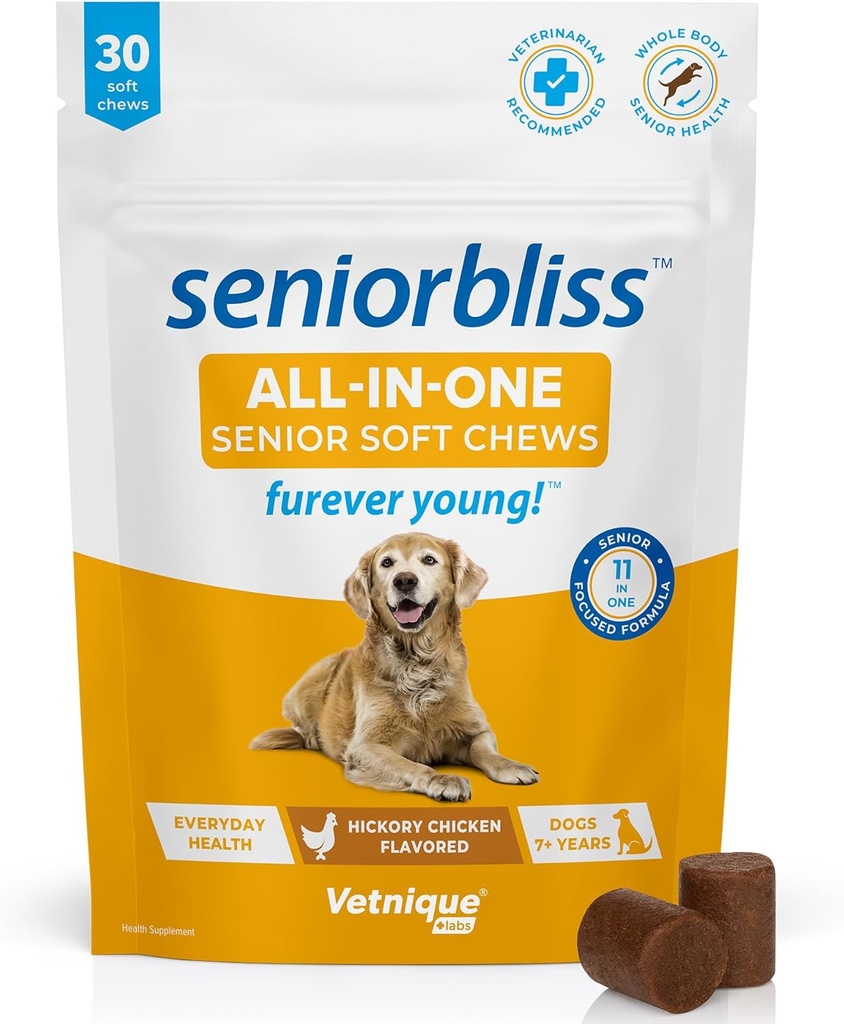 Vetnique Seniorbliss Senior Dog Multivitamin med Glukosamin, Omega 3 Fiskolja och Probiotika - för Dog Joints, Digestive och Immune Support för optimal hälsa (All-in-One Daily Vitamin, 30 Ct)