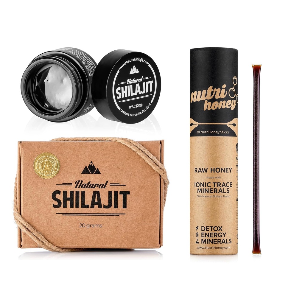 NATURAL SHILAJIT Hartsi - 20 Gram Shilajit täydentää Fulvic Acid & Trace Minerals - Shilajit Honey Sticks 30 Count