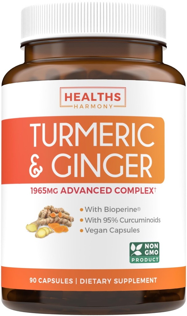 Gurkmeja och Ginger Supplement (Non-GMO) 1980mg Servering - gurkmeja Curcumin med Black Pepper Bioperine, Ginger Extract och 95% Curcuminoids Powder - Tumeric Joint Support Supplement - 90 kapslar