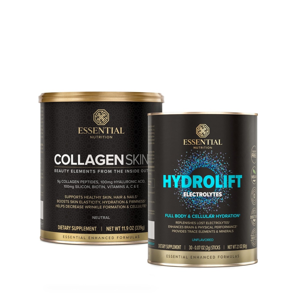 Kollageeni Iho + Hydrolift Bundle ... Hydrolysoitu Bioaktiivinen kollageeni Peptides, jossa on hyaluronihappoa, biotiinia ja silikonia sekä sokeritonta hydroliftiä.