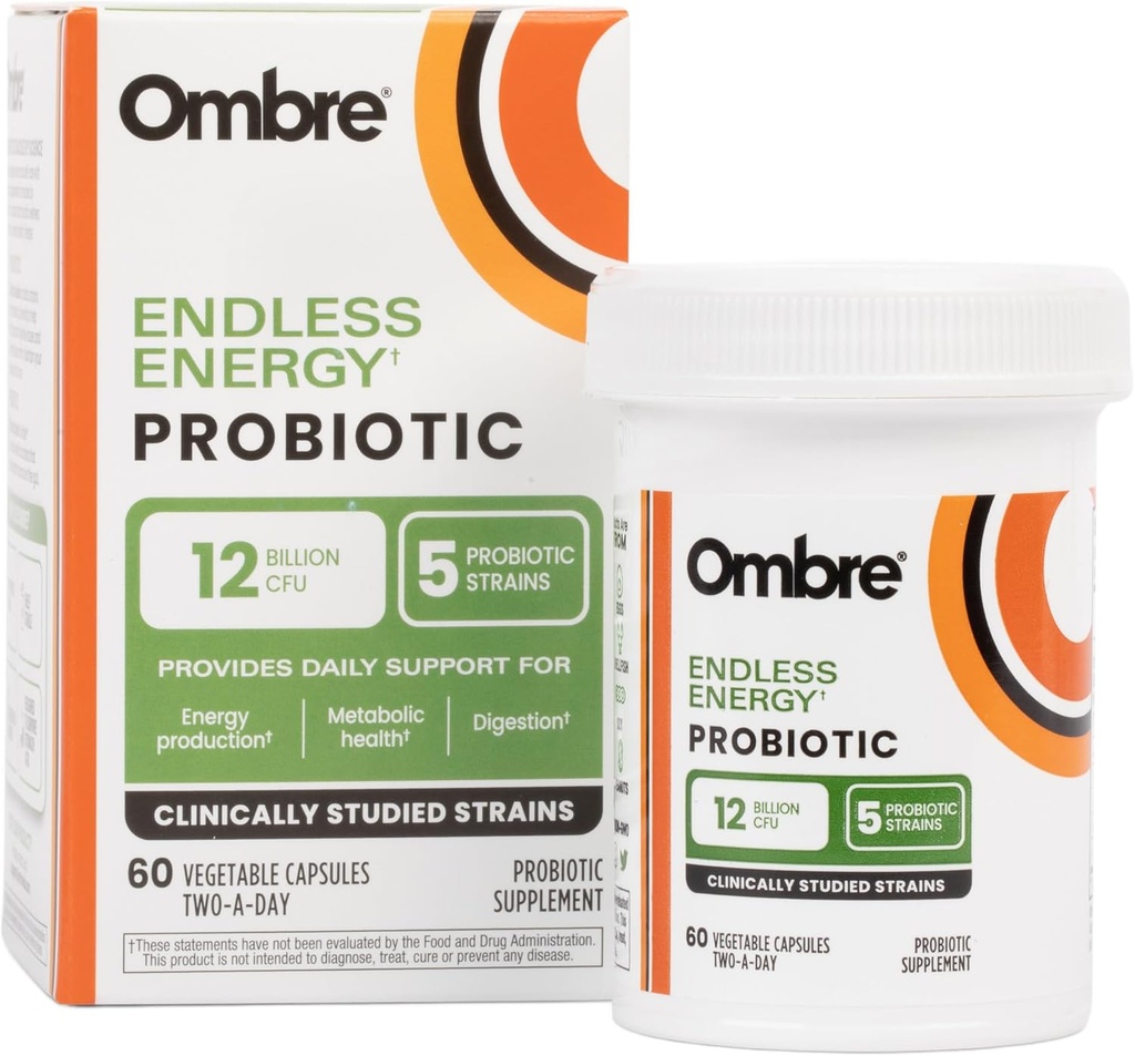 Ombre Endless Energy Probiotic Supplement, Tukee luonnonenergian tuotantoa, muistia, Focus & Gut Health, 12 miljardia PMY, Kestoaika vakaa, 30 tarjoilua