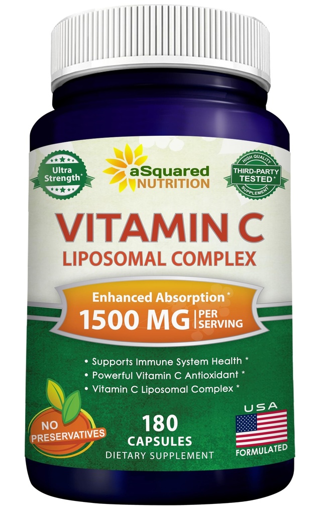 aSquared Nutrition C-vitamiini Liposomal Complex - 1500 mg täydentää - 180 kapselia - korkea imeytyminen VIT C Askorbiinihappo pillereitä - tukee immuunijärjestelmä & Collagen Health - 90 tarjoilut