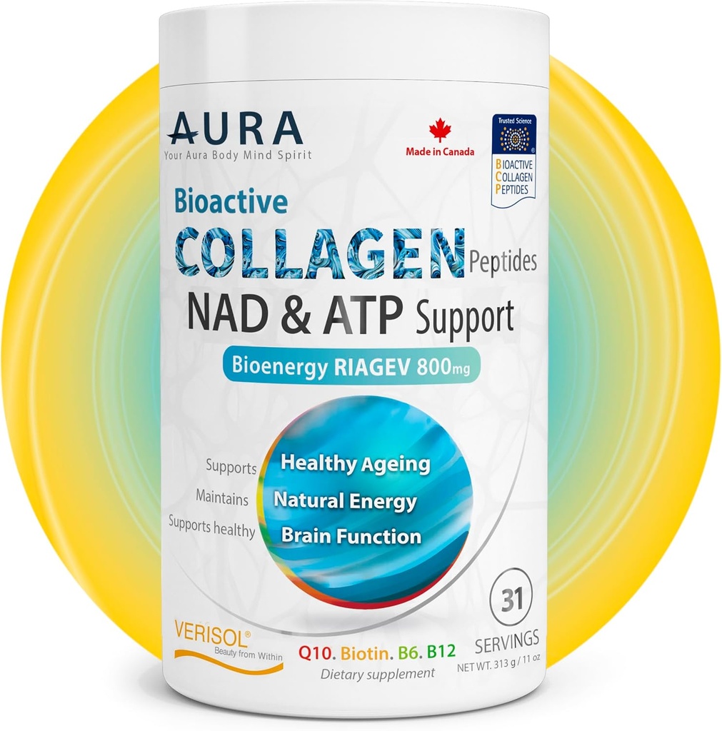 AURA VERISOL® Bioactive Collagen Peptides® Powder with Patented NAD+ & ATP Boosters, Advanced Cellular Reduvenation System, Terve ikääntyminen & DNA korjaus, makuamaton, Made in Canada, 31 Servings.