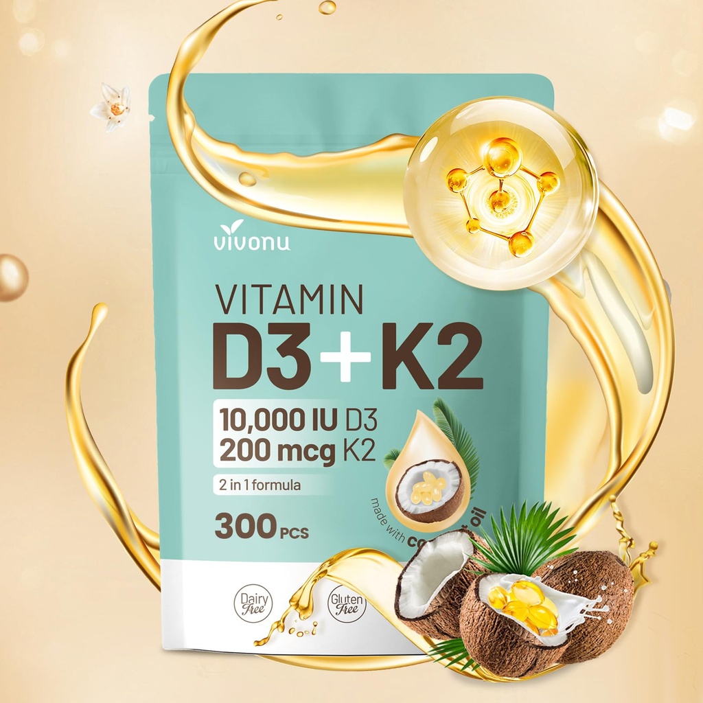 VivoNu Vitamin D3 K2 10000 IE med MK7-300 Virgin Coconut Oil Softgels, 2 i 1 Vitamins D & K Complex | Vitamina D3 con K2 ((1Bag)