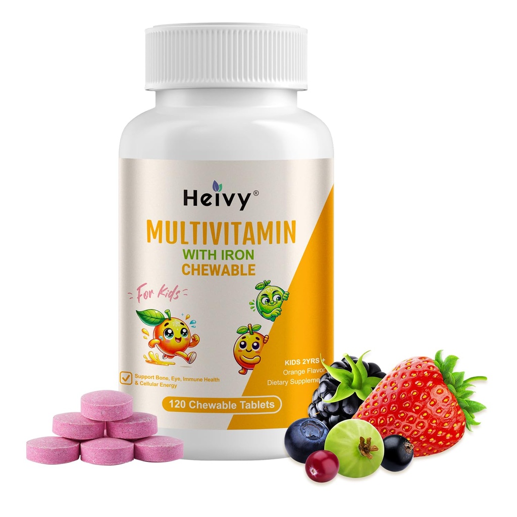 Heivy UUDET lapset Multivitamiini purutabletti - 120 tablettia luun, silmän ja vitamiinin terveys - tukee kasvua ja kehitystä D3-vitamiinin, C & B-komplex