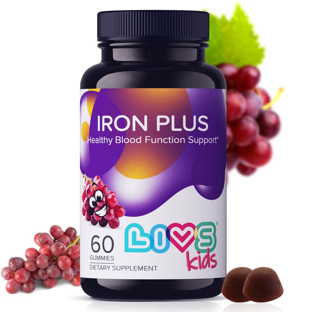 LIVS Iron Supplement for Kids with C-vitamiini, A, B3, B5, B6, B12, Biotiini, Sinkki & Folate 
