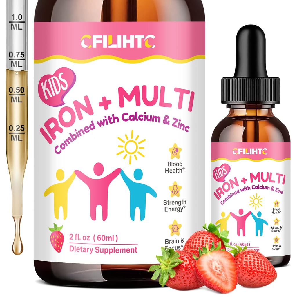 Liquid Iron Supplement for Kids, Women & Men - kanssa kalsium, Sinkki, Lapset monivitamiinia Iron Drops - Immuunituki, Veren Builder & Energy Tuki rautapuutos, anemia, Vegan 2 Fl Oz
