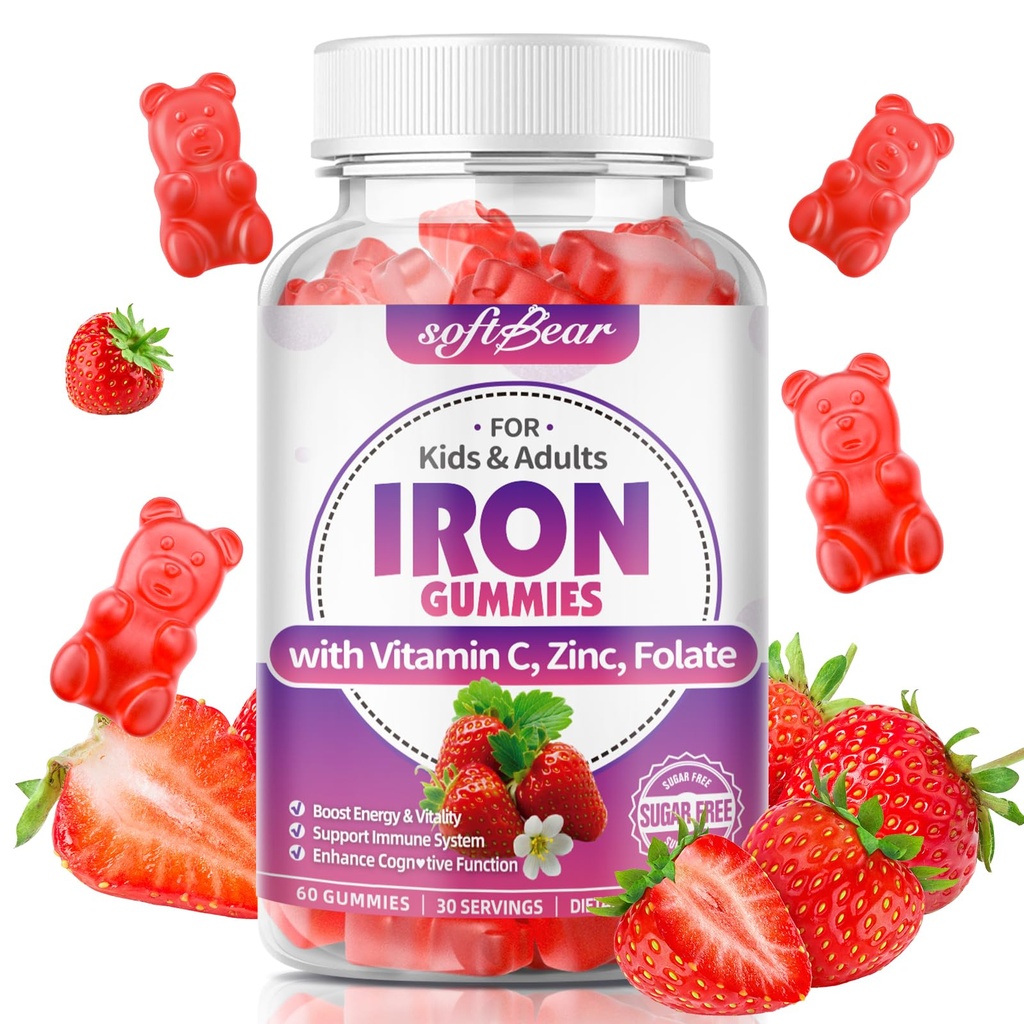 softbear Iron Gummies for Women & Men & Kids, Pureskeltavat rautalisät C-vitamiinilla,B3,B5,B6,B12 tukee immuunijärjestelmää, energiaa ja elinvoimaa, sokeritonta / vegaanista, mansikan maku 60