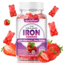 softbear Iron Gummies for Women & Men & Kids, Pureskeltavat rautalisät C-vitamiinilla,B3,B5,B6,B12 tukee immuunijärjestelmää, energiaa ja elinvoimaa, sokeritonta / vegaanista, mansikan maku 60