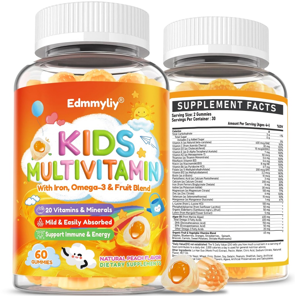 Lapset Multivitamiini Gummies - Vitamiinit D3 K2, Methylated B-Complex Omega-3, Rauta Immuuneja & kehitys tuki - Organic Mixed-Berry maku monivitamiinia lapsille päivittäin - Sokeriton & Vegan