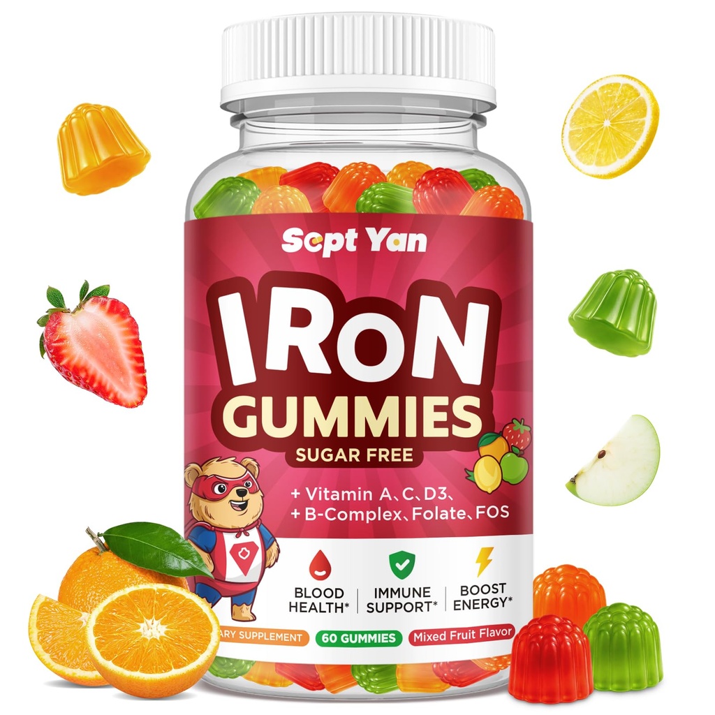 Rauta Supplement Gummies for Kids, Kids Multivitamiini kanssa rauta - B-vitamiinia Complex, C, D3, Kalsium, Folaatti, Sinkki, FOS veren Builder & Energy Support, Rautapuutos, Vegan,Mixed Fruit Flavor,60