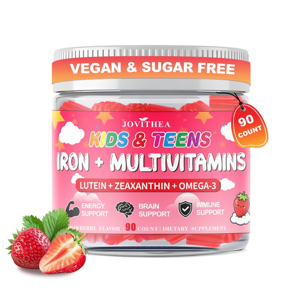 90 greve | Järn Gummies för barn, barn multivitamin med kalcium, zink, folat, Omega-3 och lutein, stödja energi, immunitet, järnbrist, anemi och hjärnhälsa, vegan, sockerfri, jordgubbsmak