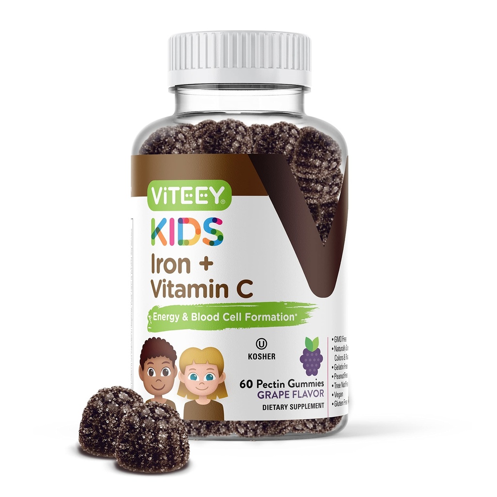 Vitey Iron Gummies lapsille C-vitamiini - Tukee energiaa, verisolumuotoilua, veri Builder Anemia Lapset Rauta Lisäravinteet - Vegaani, Liivate, Gluteeniton - Tasty Chewable Grape Flavored