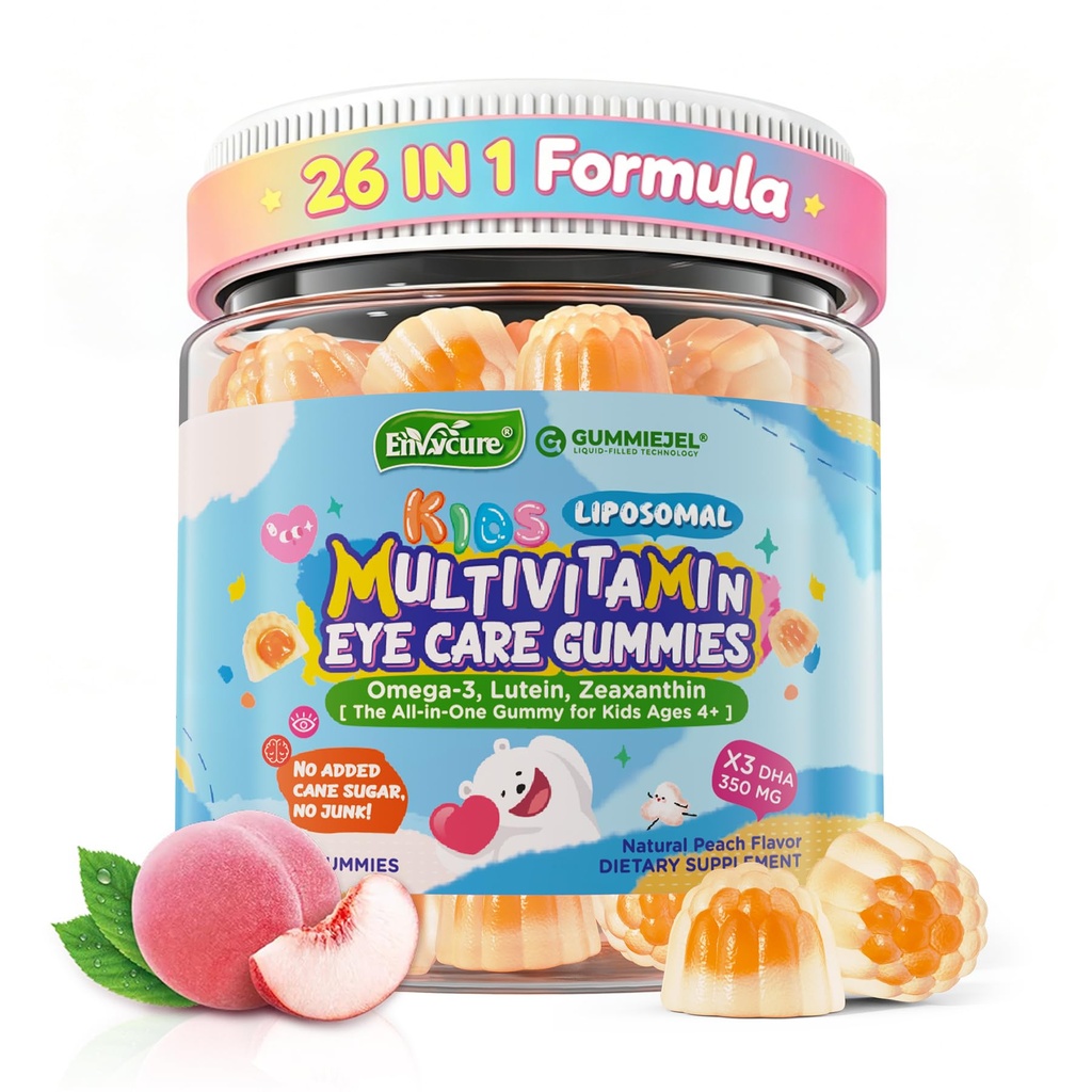 Barn Multivitamin Gummies med järn, 450mg Algae Omega-3, Methylated B12, Folate, Fiber 2g, Probiotika, Magnesium, A, C, D, K, Zink, Barn Vitaminer för tillväxt, Brain, Eye, Gut, Immune, Sugar Free