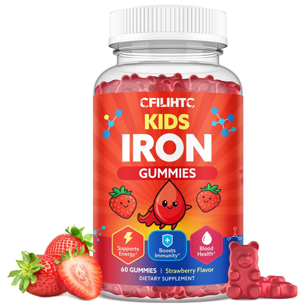 Järngummies för barn och tonåringar, barn multivitamin med järntillskott, kalcium, folat, zink, prebiotikum - för blodbyggare och energistöd, järnbrist - Vegan & icke-GMO - 60 greve jordgubbar