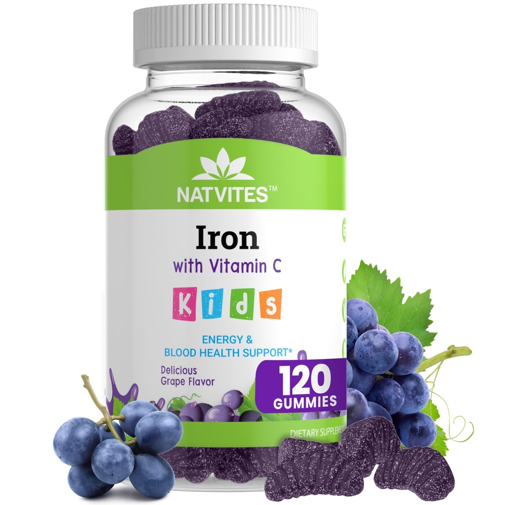 Barn Iron Gummies med vitamin C - Utsökt druvsmak - Energi & Blodhälsa Support - Glutenfri icke-GMO Vegetariska barns järntillskott för barn och småbarn Ålder 2 + (120 greve)