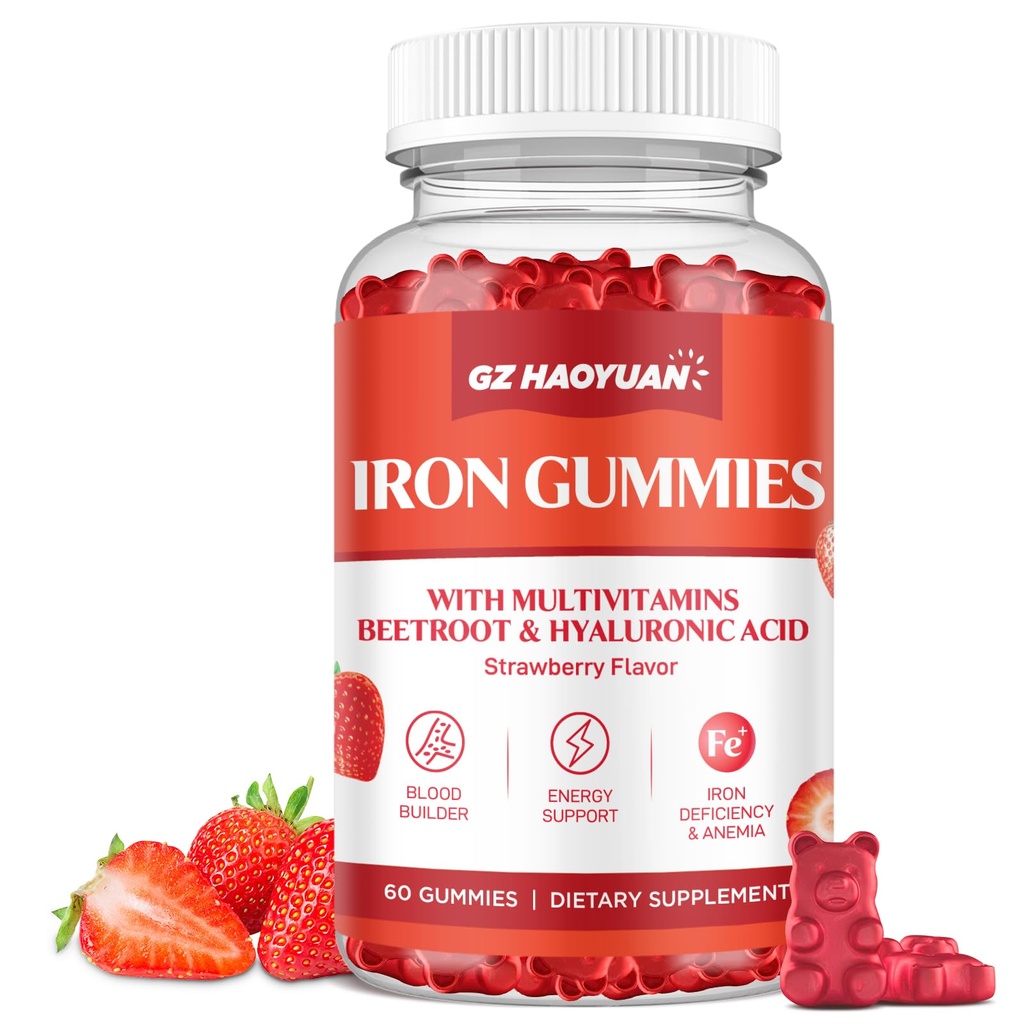 Iron Gummies for Women & Kids - Iron Supplement Gummies Multivitamiini verenrakennus, energia, rautapuute & Anemia - Sokeriton vegaaninen mansikka 60 t