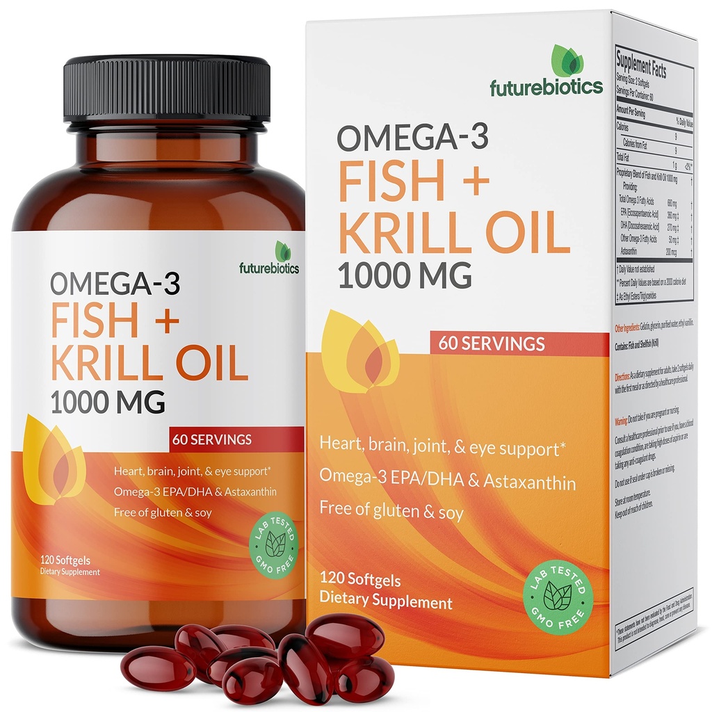 Futurebiotics Omega-3 Fish + Krill Oil 1000 MG Omega-3 EPA/DHA & Astaksantiini - ei-GMO, 120 Softgels (60 Servings)