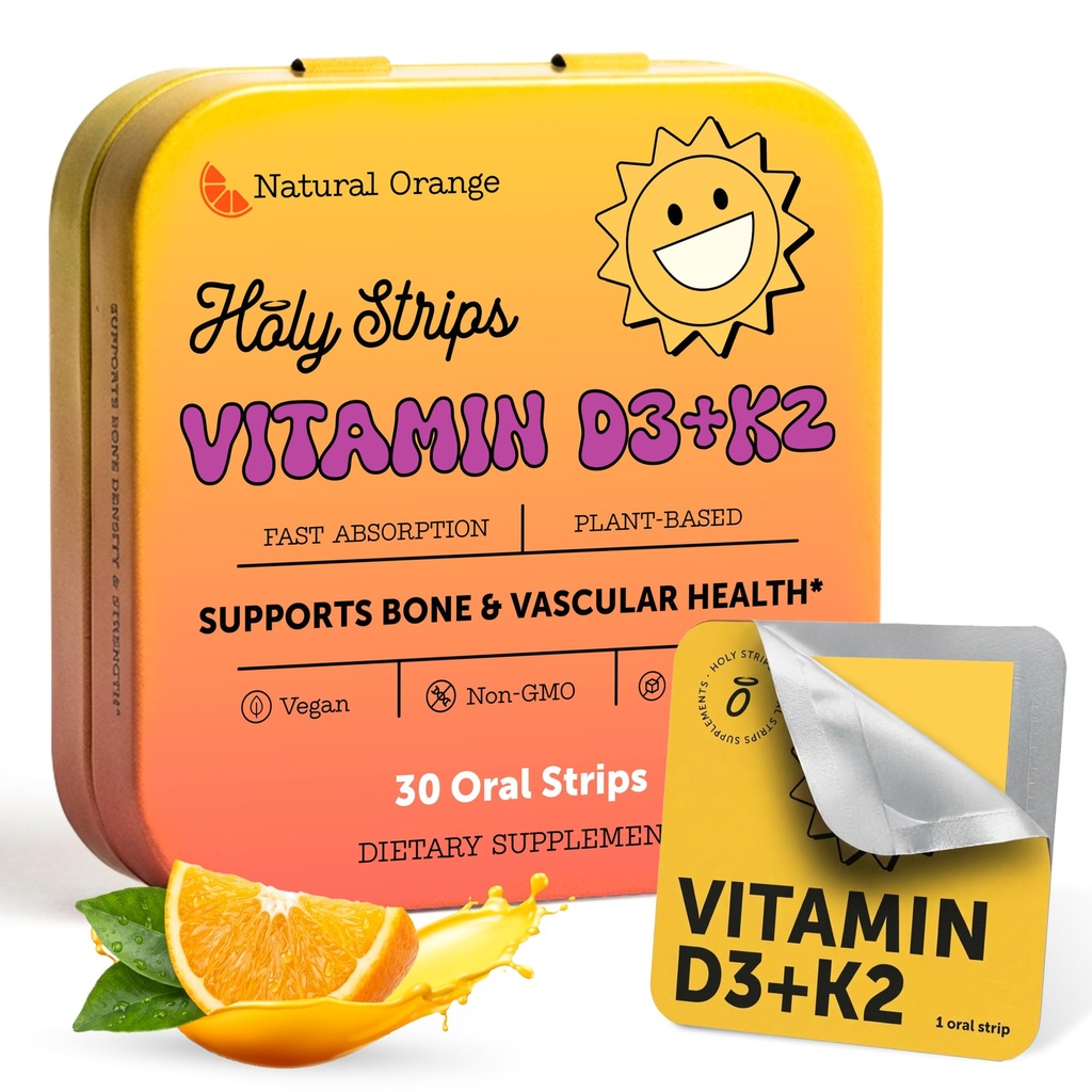 Vitamin D3 K2 Supplement 5000 IE - Fast-Absorbing Oral Strips för Bone & Heart Health - Vitamin D K2 Plant-Based Formel - D3K2 - Vitamin D3 con K2- Non GMO - Sugar-Free (30 greve)