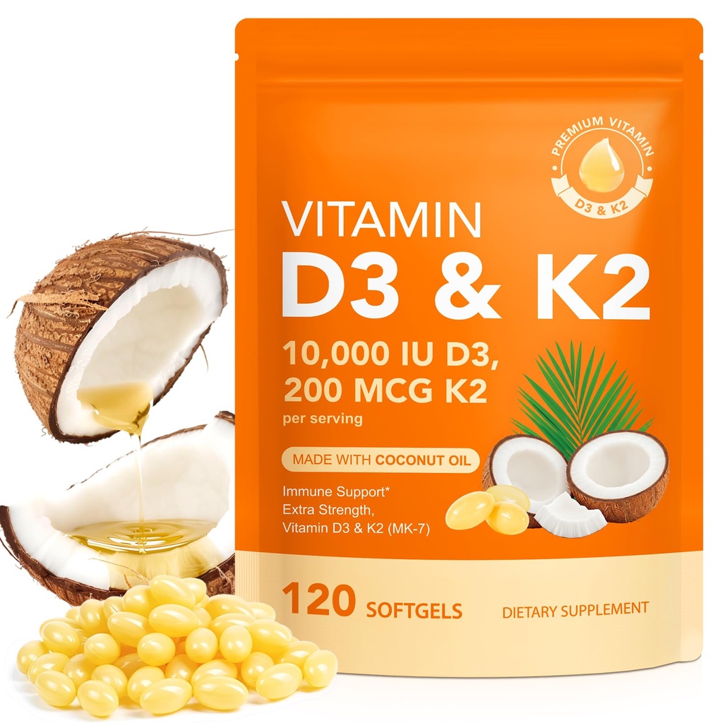 D3-vitamiinia K2, D3 K2-vitamiinia 10000 iu täydentää Cococonut Oil Softgels, 2 in 1 Formula 200 mikrog (MK-7) Complex Softgels tukee kalsiumin imeytymistä, immuuni, Bone Health D3 K2-vitamiini - 120 Softgels