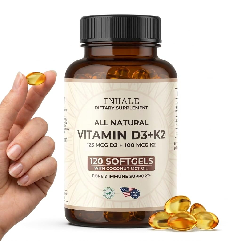 Inhale Vitamin D3 + K2 med kokosolja - 5000 IE D3 & 100 mcg MK7 K2 för ben, hjärta och immunstöd - icke-GMO · Sojafri · Glutenfri - 120 Softgels