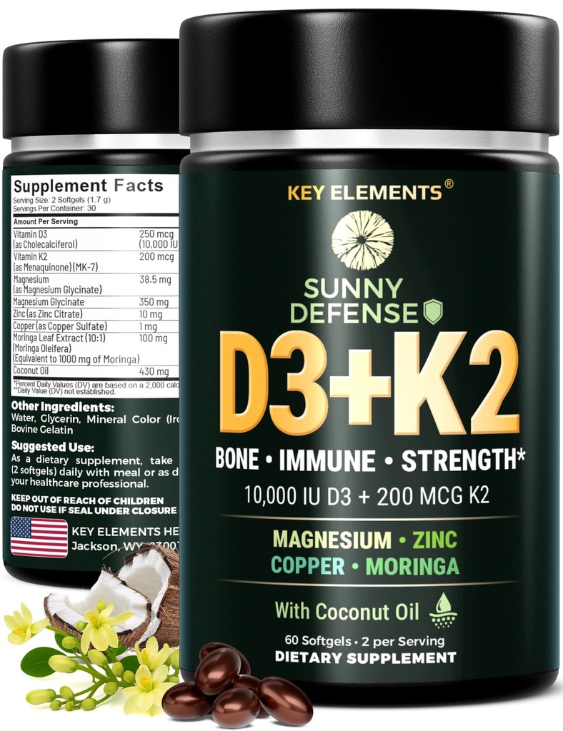 Avainaineet D3 K2-vitamiini 10 000 IU magnesiumglykinaatti 350 mg, sinkki ja Moringa - Bone & Immuno Support - D-vitamiini K2 MK-7 200 mcg - ei-GMO, Gluteenittomat Softgels