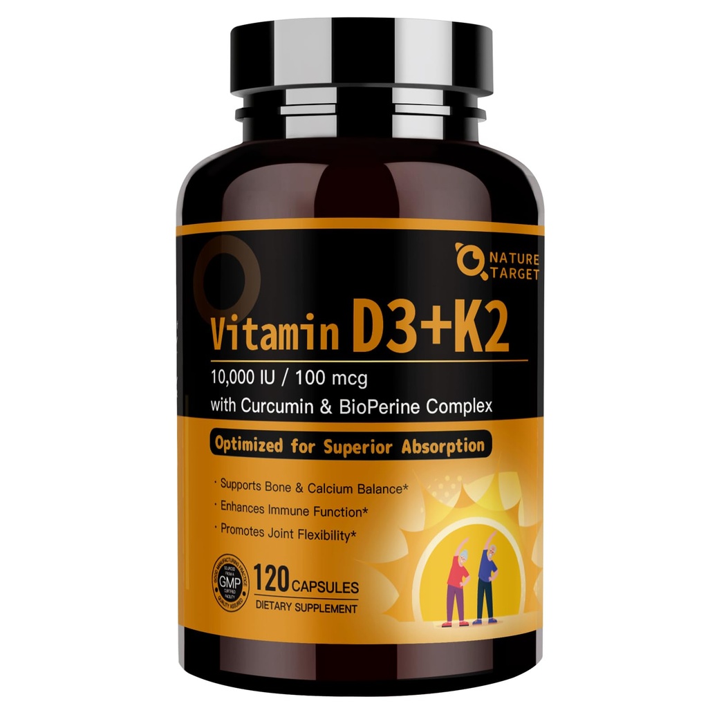 NATURAL TARGET- D3 K2, High-Potency 10 000 IU D3, 100 mikrog K2(MK-7) -lisä MCT:n kanssa, kaikkein absorboitunein synergiakaava, tukee luuta, kalsiumia ja immuuniterveyttä, 120 kapselia