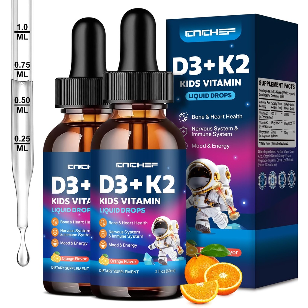 2PCS-vitamiini D3 K2 Drops for Kids - Liquid täydennysosa magnesiumia kalsiumin imeytymistä, Joint Health, Hampaat & sydän - ei-GMO, Vegaani, Orange, 4 Fl Oz - Lapset Ikä 4+