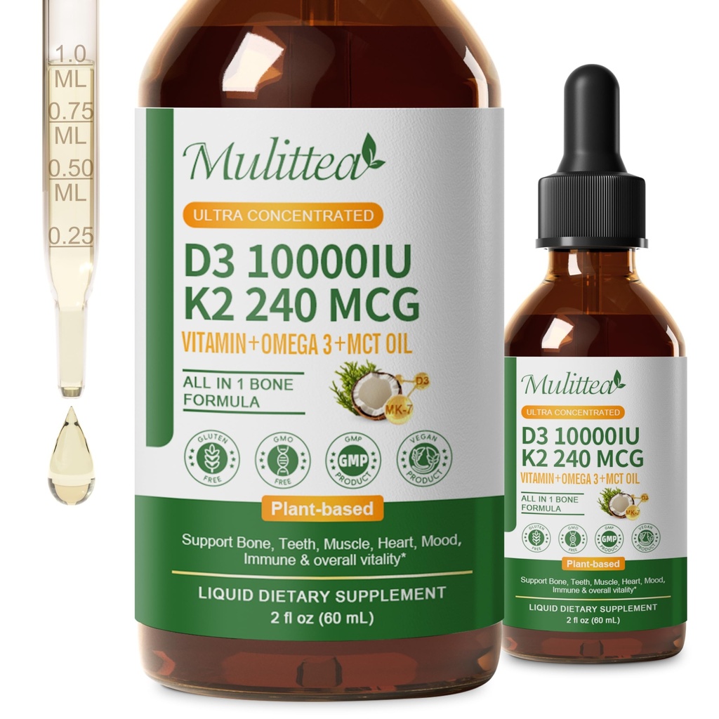 2 pakkaus Organic D3 K2 Liquid 10000 IU w/ Vegan Omega-3 & Coconut MCT Oil - Maksimaalinen vahvuus D- vitamiinin täydennysosa, Ei täyteaineita, ei GMO K2 MK7 luut, lihakset & korkea absorptio-2 Fl Oz