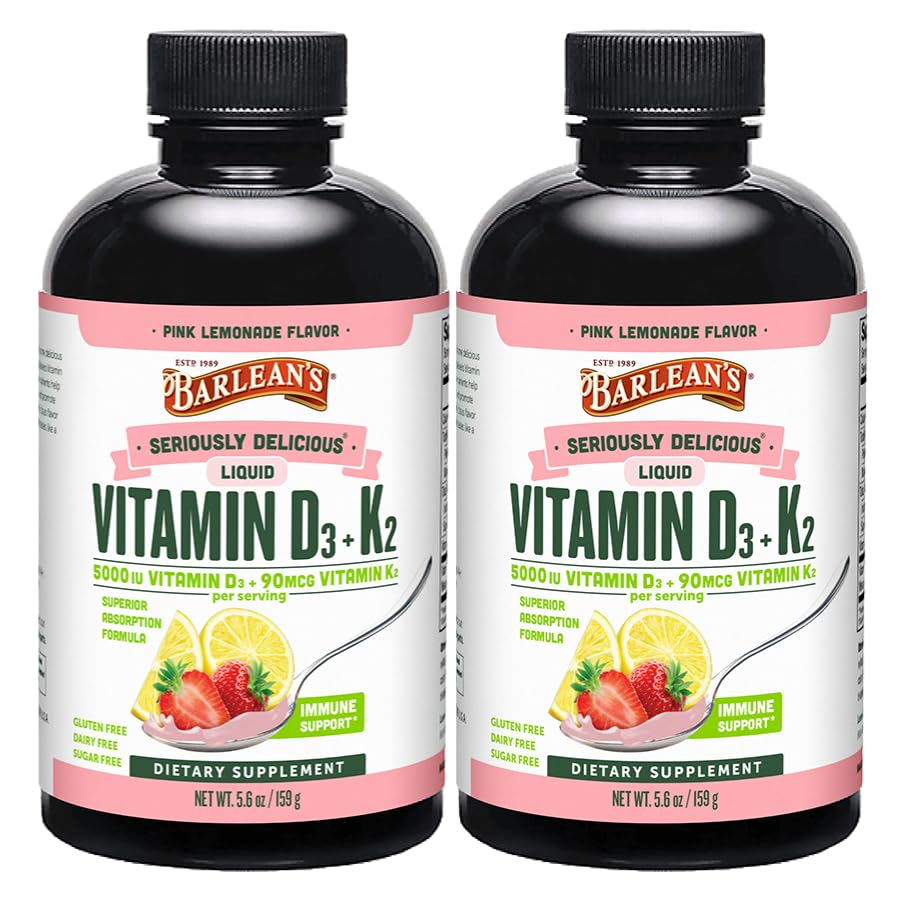 Barlean's Pack of 2 Vitamiini D3+K2 Liquid Supplement for Kids and Adults, 5000 IU D-vitamiinia, Pink Lemonade, ei-GMO, Gluteenittomat ja maitotuotteet, 5.6 oz Each
