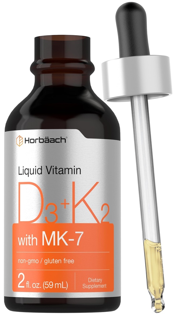 Horbäach-vitamiini D3 K2 nestetippa MK7 2 Fl Oz -kasvissyöjä, muu kuin GMO, gluteeniton lisäaine