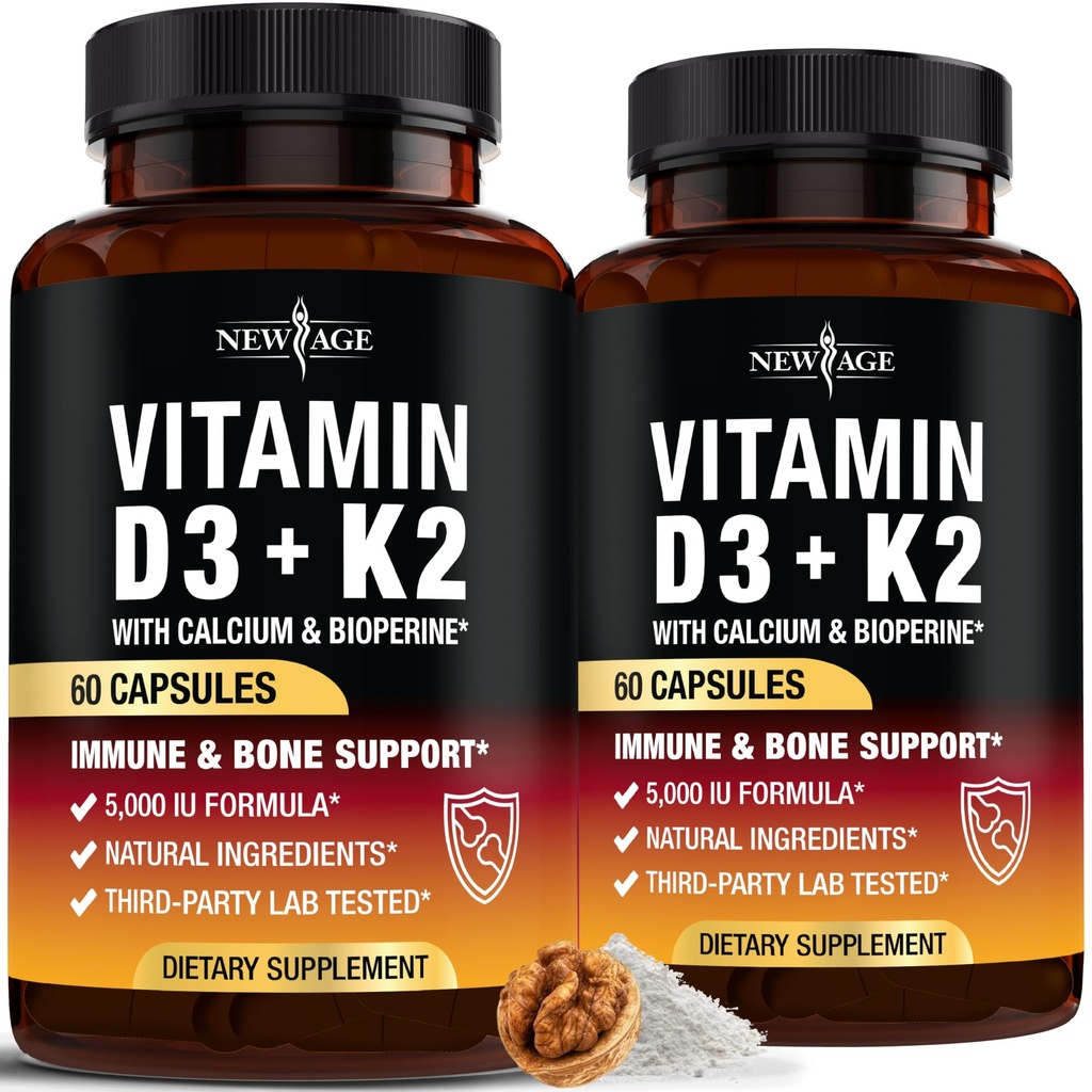 NEW AGE D3 5 000 IU + K2 MK-7 100 mikrog - 2-in-1 Bone, Immuno & Heart Support, Helppo niellä, ei GMO - 120 kapselia
