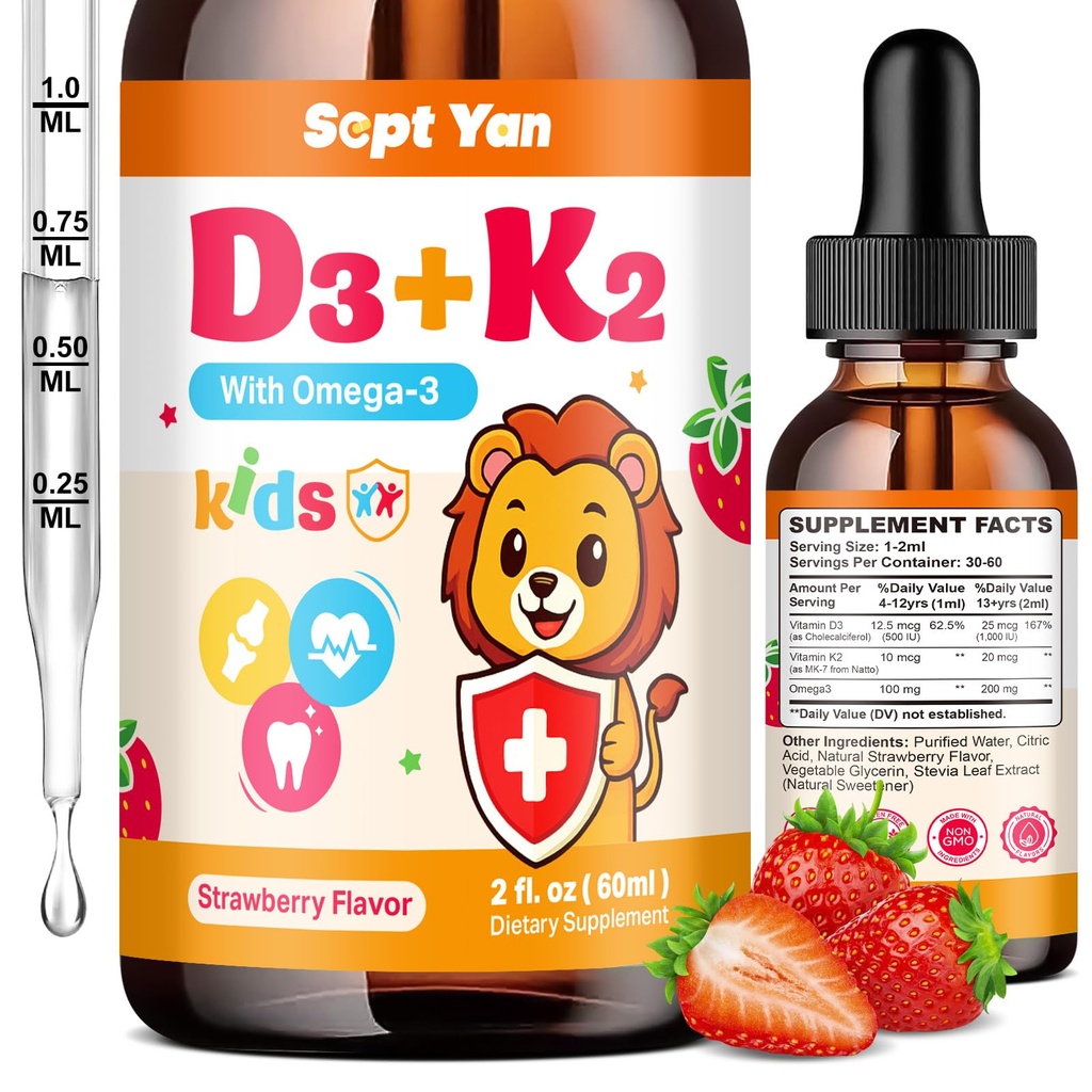 Barn Vitamin D3 K2 Drops - K2 D3 Vitamin Supplement 1000 IE med Omega 3, Support Bone, Mood, Teeth & Immune - Vitamin D3 K2 (MK-7) Liquid Drops för vuxna och barn, Sugar Free Strawberry Flavor 2 FL OZ
