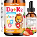 Lapset D3-vitamiinia K2 Drops - K2 D3-vitamiinia täydentää 1000 IU Omega 3, tuki luuta, mielialaa, hampaita ja immuuni - D3-vitamiinia K2 (MK-7) Nestemäisiä tippaa aikuisille ja lapsille, sokeritonta mansikka maku 2 FL OZ